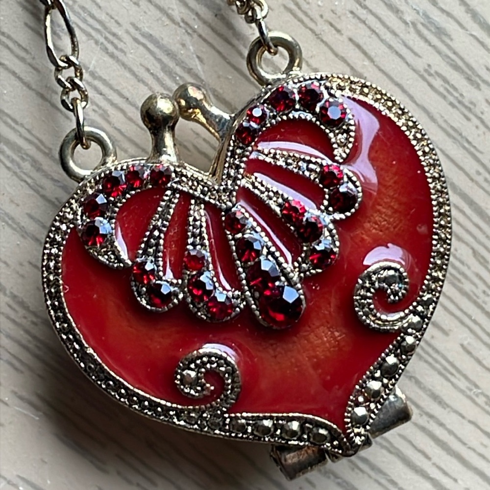 Vintage Locket- Heart Shaped with Red Ruby Accents Pendant Necklace